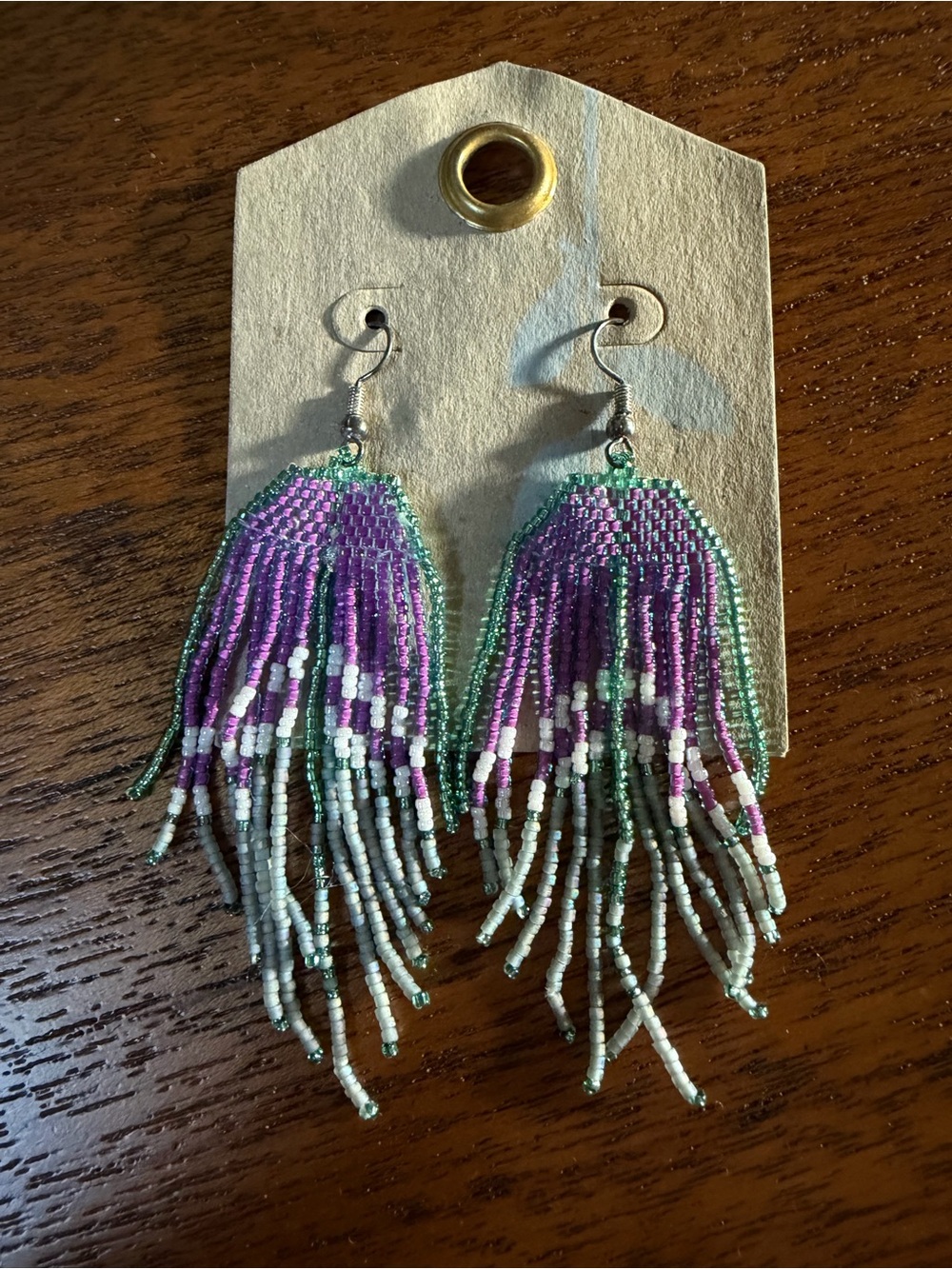 Handmade Purple and Green Seed Bead Fringe Earrings - Women Jewelry